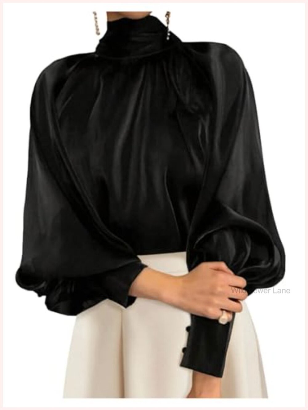 Satin Mock Neck Blouse Long Lantern Sleeve Bow Back Elegant Shirt